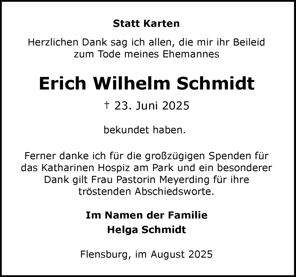  Traueranzeige für Erich Wilhelm Schmidt vom 09.08.2025 aus Region Flensburg