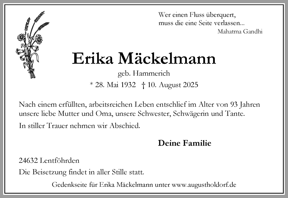  Traueranzeige für Erika Mäckelmann vom 16.08.2025 aus Umschau