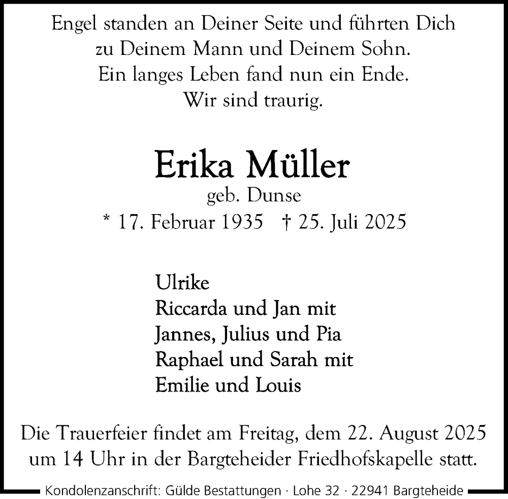  Traueranzeige für Erika Müller vom 16.08.2025 aus MARKT Ahrensburg/Bargteheide/Trittau und Stormarner Tageblatt