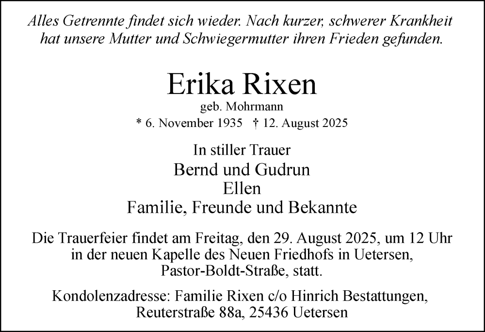  Traueranzeige für Erika Rixen vom 23.08.2025 aus Uetersener Nachrichten, Der tip am Wochenende