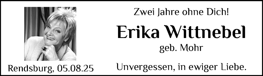  Traueranzeige für Erika Wittnebel vom 05.08.2025 aus Schleswig-Holsteinische Landeszeitung