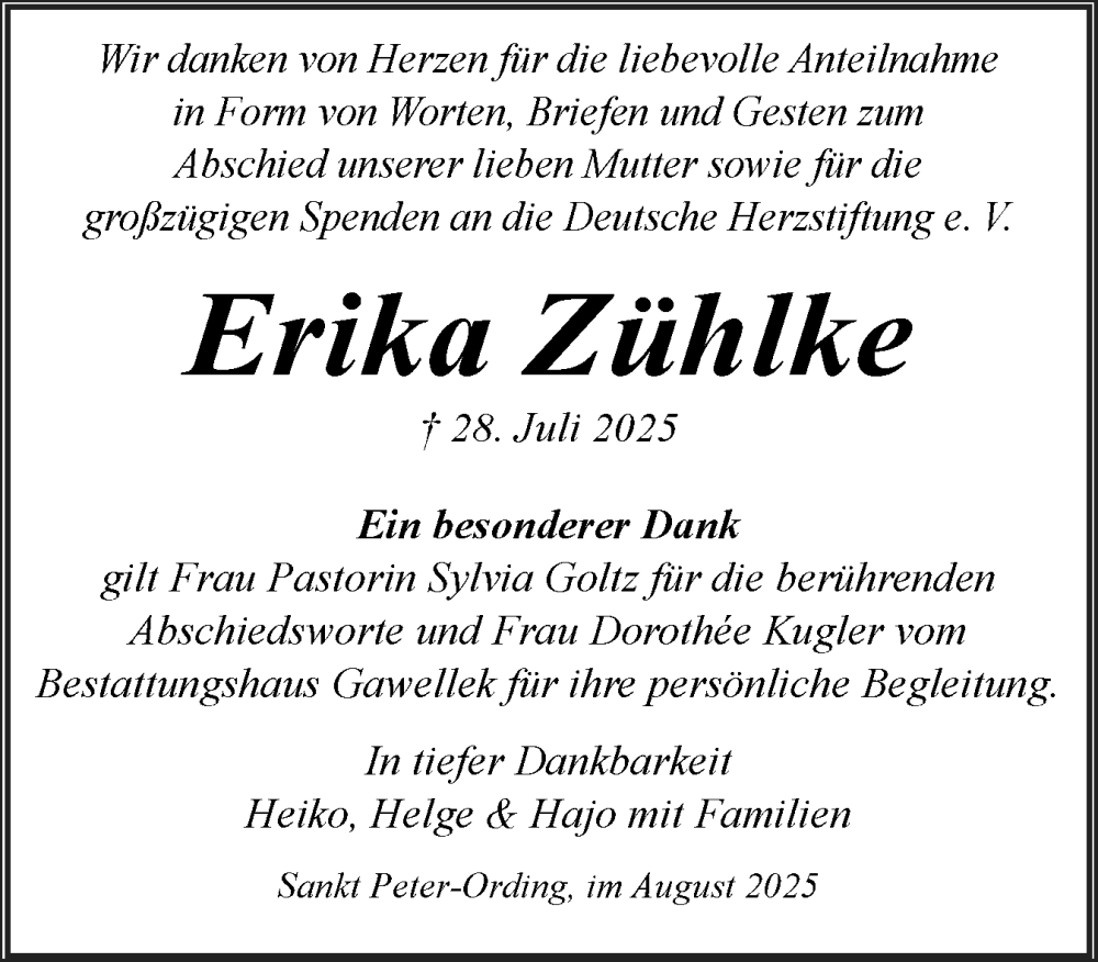  Traueranzeige für Erika Zühlke vom 30.08.2025 aus Husumer Nachrichten, Nordfriesland Tageblatt