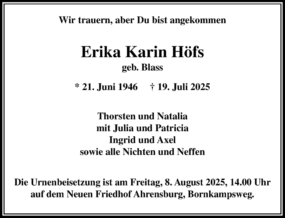  Traueranzeige für Erika Karin Höfs vom 02.08.2025 aus MARKT Ahrensburg/Bargteheide/Trittau und Stormarner Tageblatt