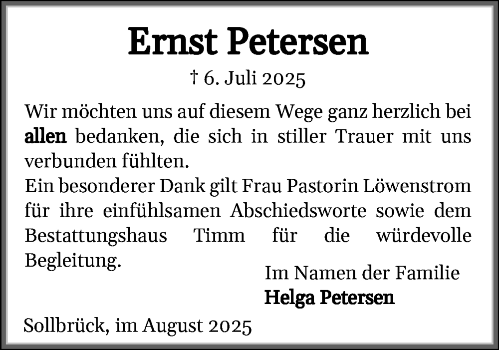  Traueranzeige für Ernst Petersen vom 02.08.2025 aus Flensburger Tageblatt, Schleswiger Nachrichten, Schlei-Bote