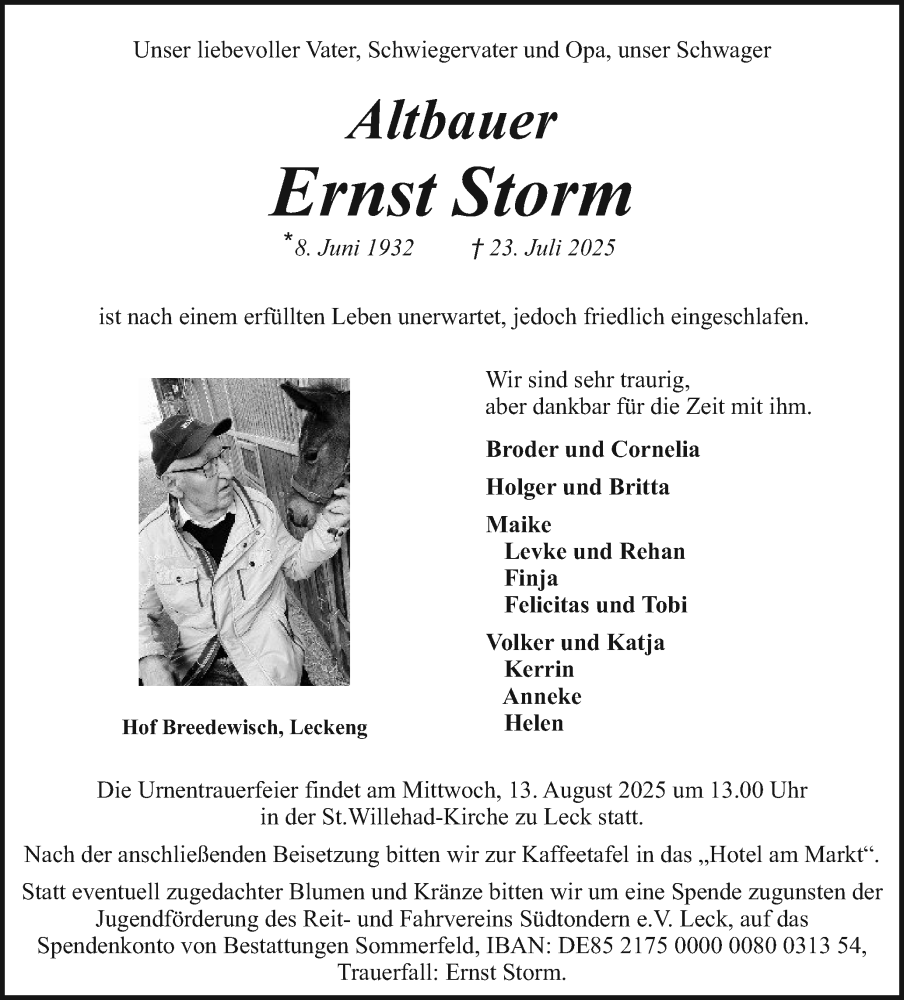  Traueranzeige für Ernst Storm vom 02.08.2025 aus Region Flensburg