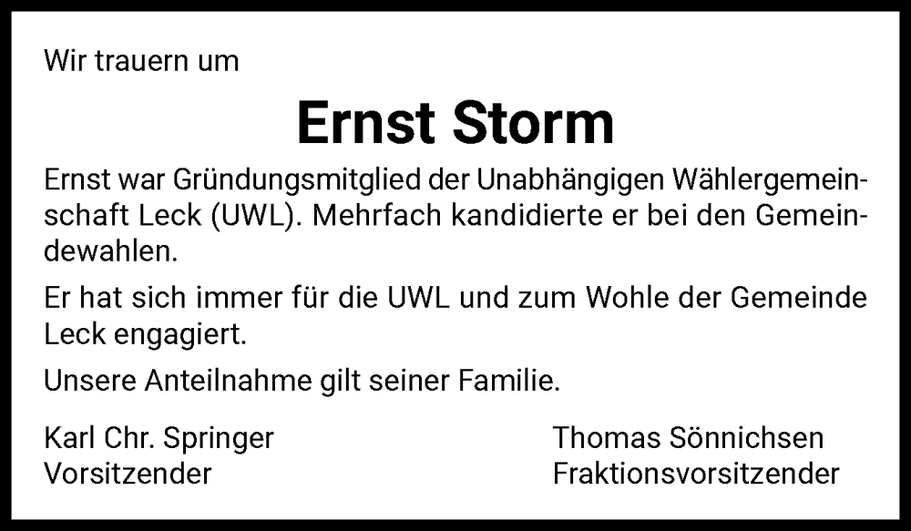  Traueranzeige für Ernst Storm vom 04.08.2025 aus Husumer Nachrichten, Nordfriesland Tageblatt