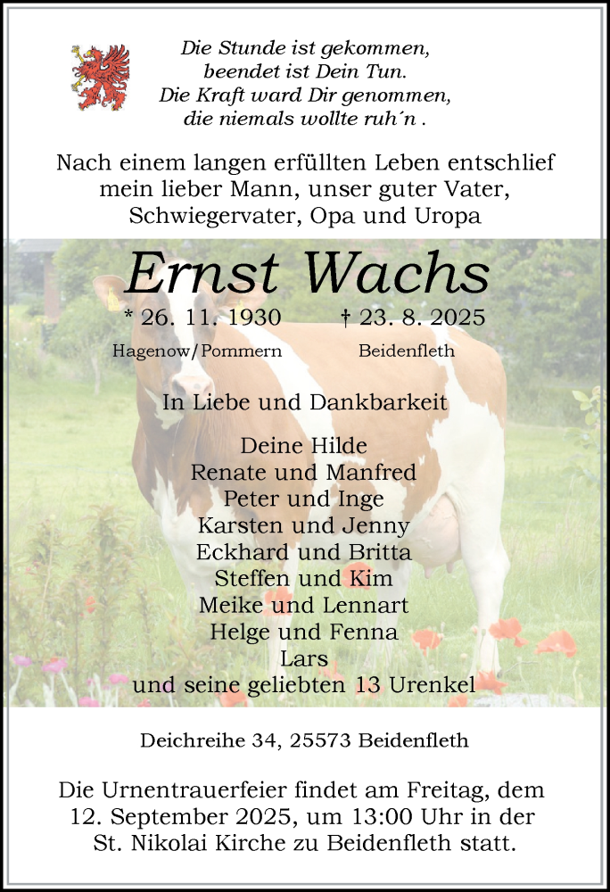  Traueranzeige für Ernst Wachs vom 30.08.2025 aus Norddeutsche Rundschau, Wilstersche Zeitung, Glückstädter Fortuna