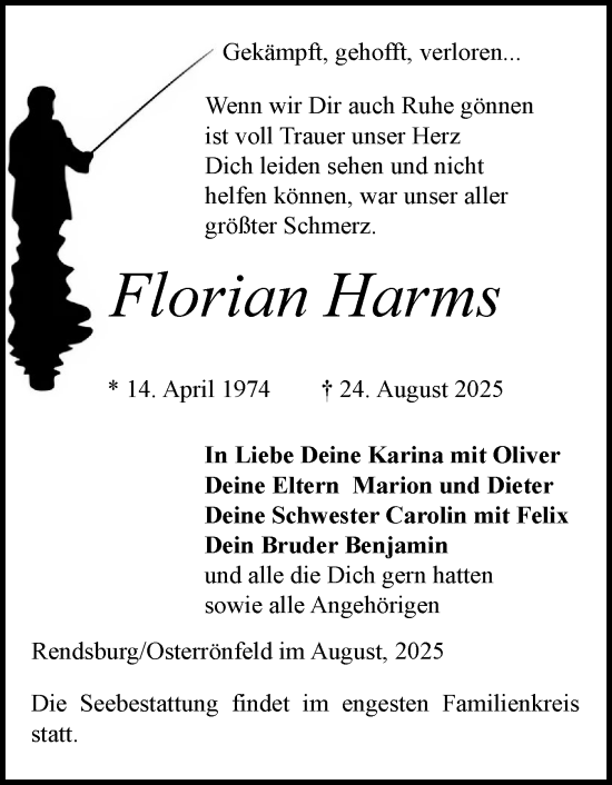 Traueranzeige von Florian Harms von Schleswig-Holsteinische Landeszeitung