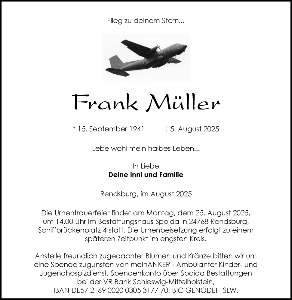  Traueranzeige für Frank Müller vom 16.08.2025 aus Schleswig-Holsteinische Landeszeitung