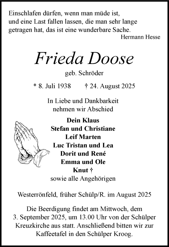Traueranzeige von Frieda Doose von Schleswig-Holsteinische Landeszeitung