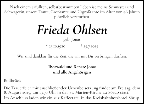 Traueranzeige von Frieda Ohlsen von Flensburger Tageblatt