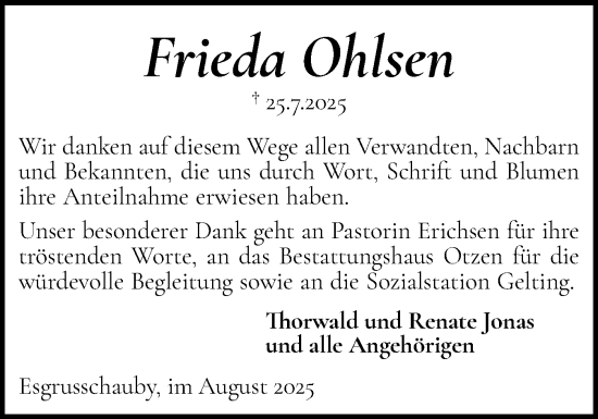 Traueranzeige von Frieda Ohlsen von Flensburger Tageblatt