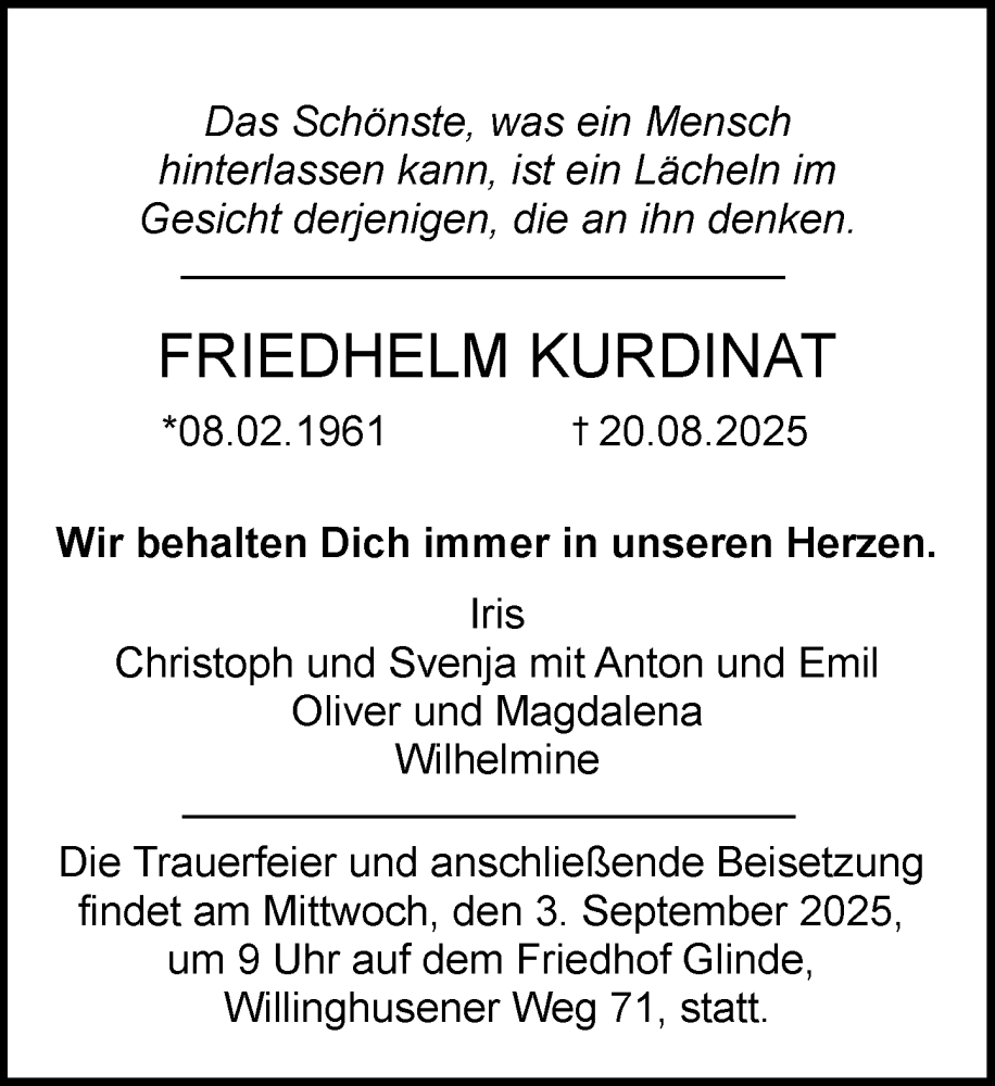  Traueranzeige für Friedhelm Kurdinat vom 30.08.2025 aus MARKT Glinde/Reinbek