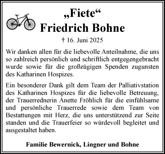 Traueranzeige von Friedrich Bohne von Flensburger Tageblatt