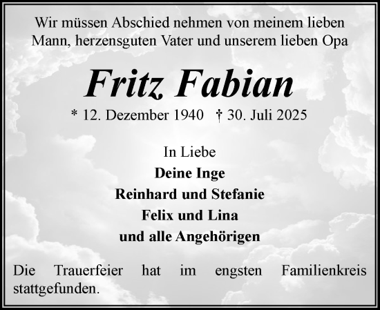 Traueranzeige von Fritz Fabian von Flensburger Tageblatt