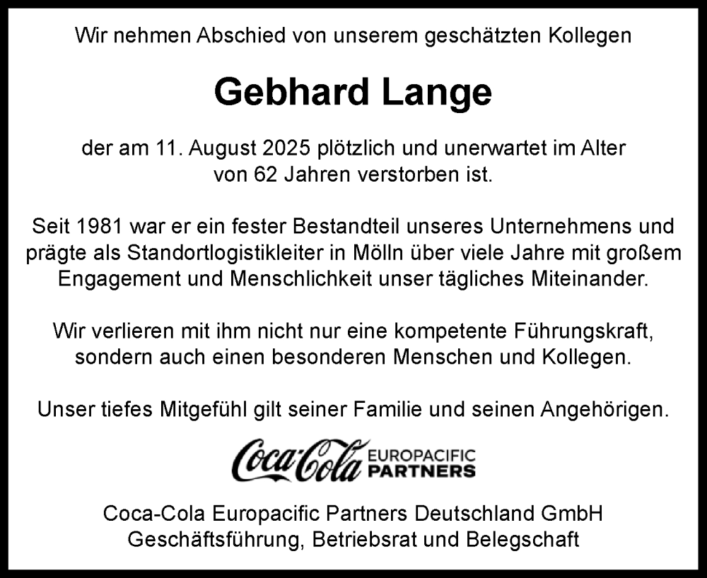  Traueranzeige für Gebhard Lange vom 23.08.2025 aus MARKT Ratzeburg/Mölln