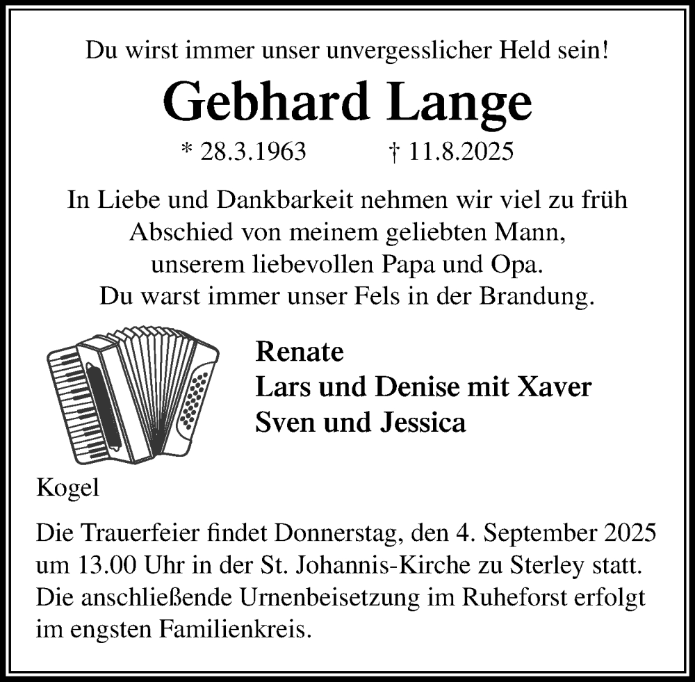  Traueranzeige für Gebhard Lange vom 23.08.2025 aus MARKT Ratzeburg/Mölln
