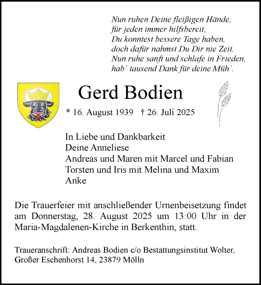  Traueranzeige für Gerd Bodien vom 16.08.2025 aus MARKT Ratzeburg/Mölln