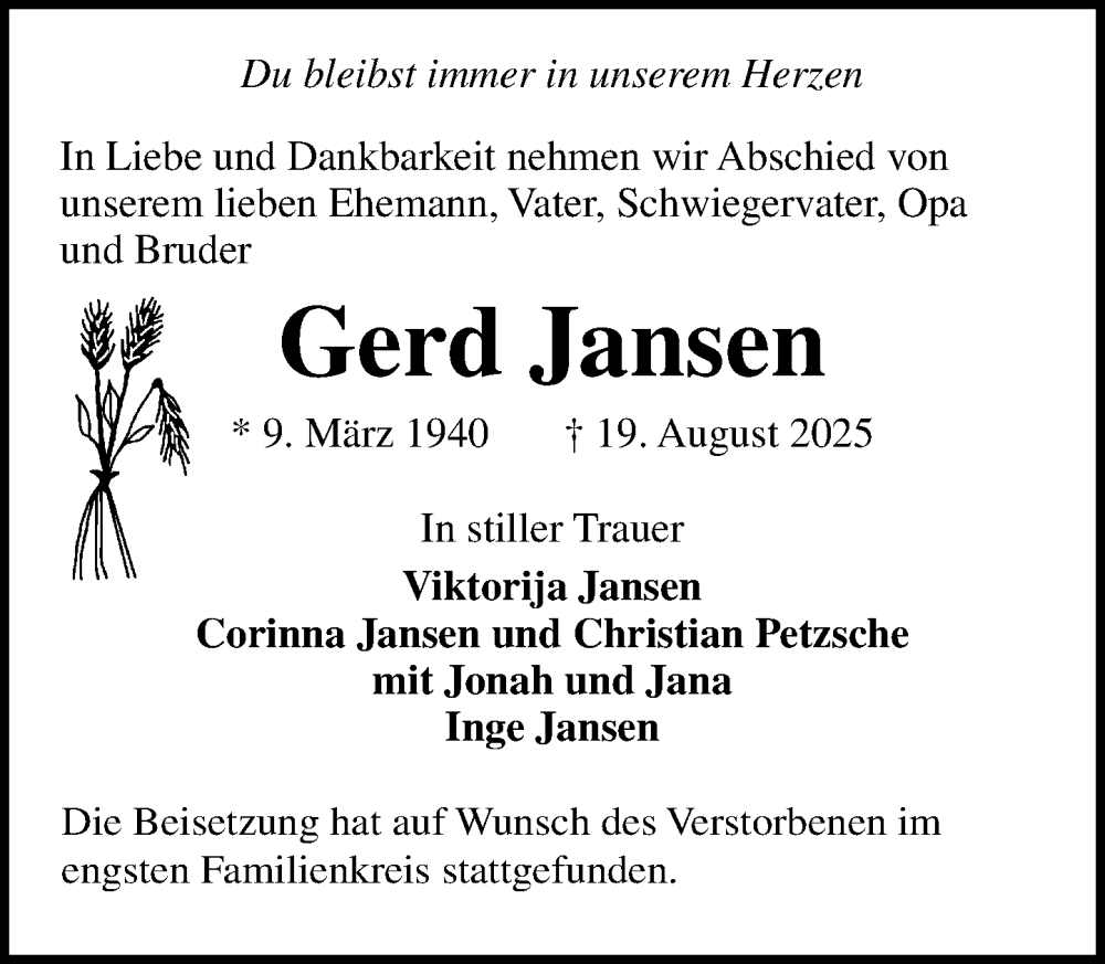  Traueranzeige für Gerd Jansen vom 30.08.2025 aus MARKT Ahrensburg/Bargteheide/Trittau und Stormarner Tageblatt