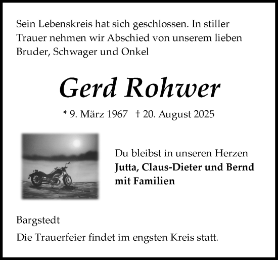 Traueranzeige von Gerd Rohwer von Schleswig-Holsteinische Landeszeitung