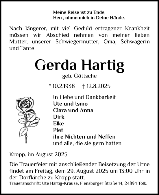 Traueranzeige von Gerda Hartig von Schleswiger Nachrichten, Schlei-Bote