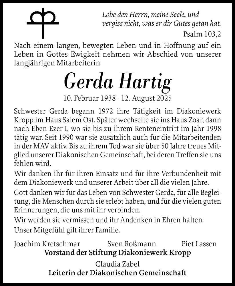  Traueranzeige für Gerda Hartig vom 29.08.2025 aus Schleswiger Nachrichten, Schlei-Bote