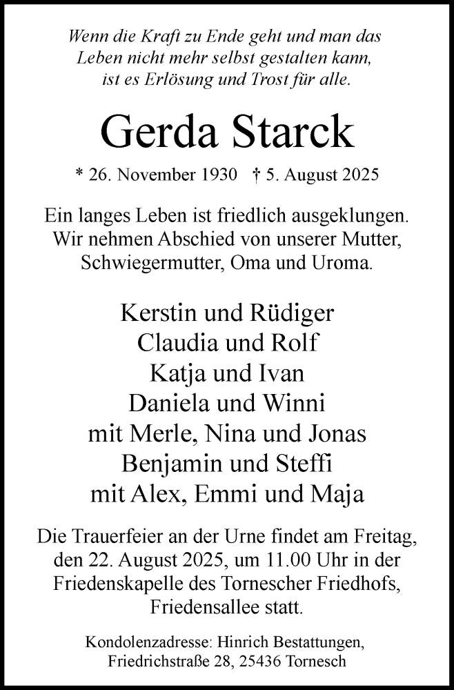  Traueranzeige für Gerda Starck vom 16.08.2025 aus Elmshorner Nachrichten, Barmstedter Zeitung