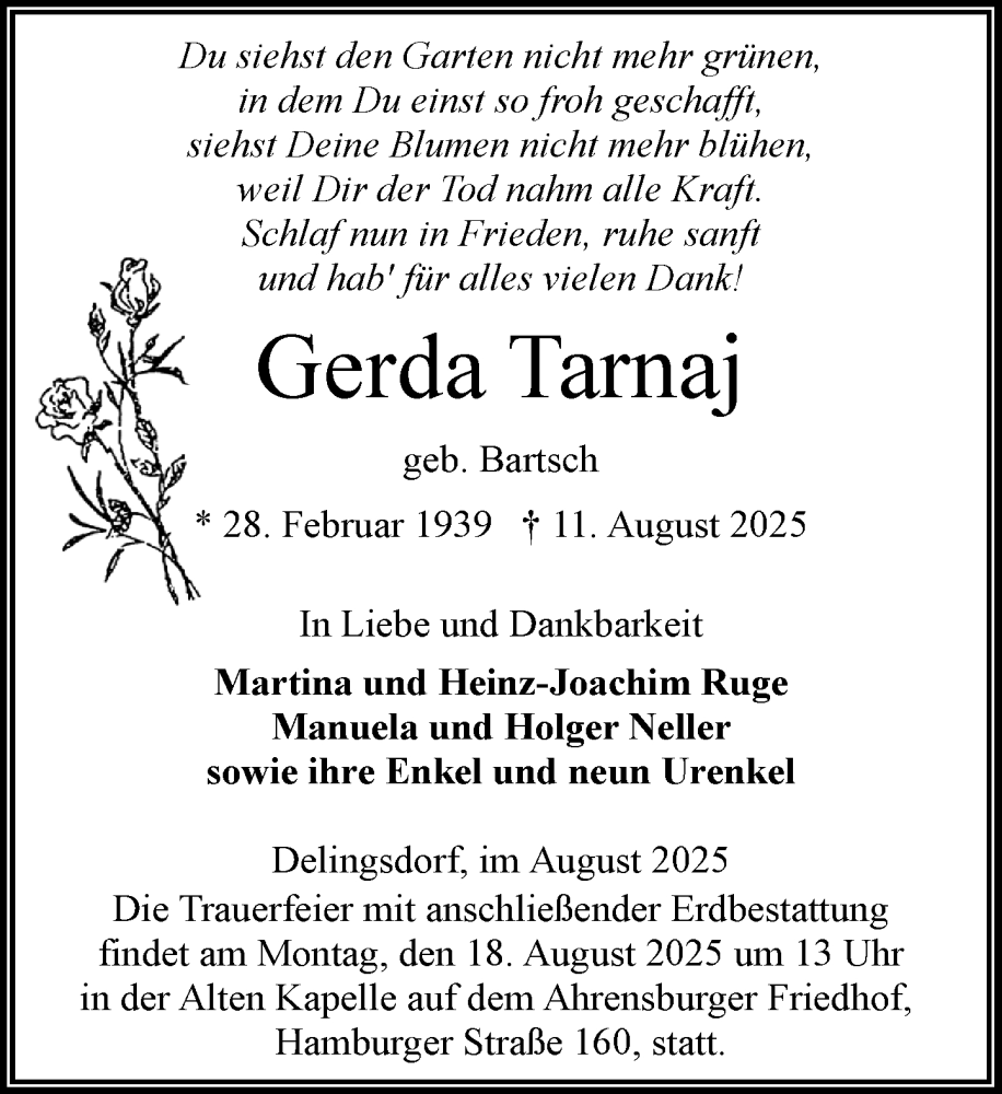  Traueranzeige für Gerda Tarnaj vom 16.08.2025 aus MARKT Ahrensburg/Bargteheide/Trittau und Stormarner Tageblatt