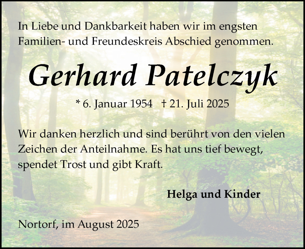  Traueranzeige für Gerhard Patelczyk vom 23.08.2025 aus Schleswig-Holsteinische Landeszeitung