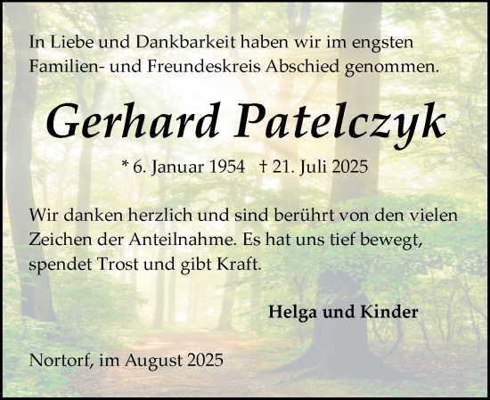 Traueranzeige von Gerhard Patelczyk von Schleswig-Holsteinische Landeszeitung