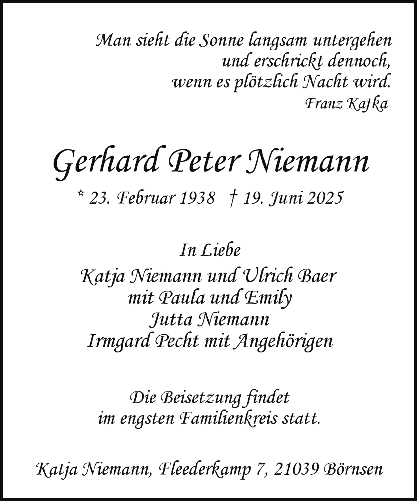  Traueranzeige für Gerhard Peter Niemann vom 02.08.2025 aus Wochenend Anzeiger