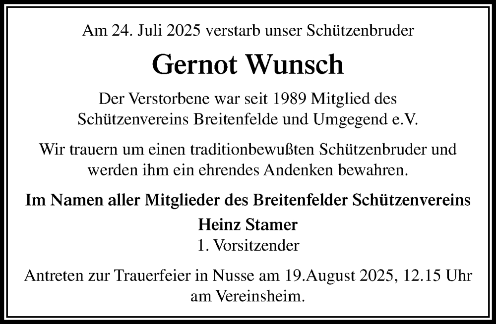  Traueranzeige für Gernot Wunsch vom 09.08.2025 aus MARKT Ratzeburg/Mölln