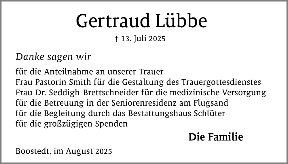  Traueranzeige für Gertraud Lübbe vom 16.08.2025 aus Holsteinischer Courier