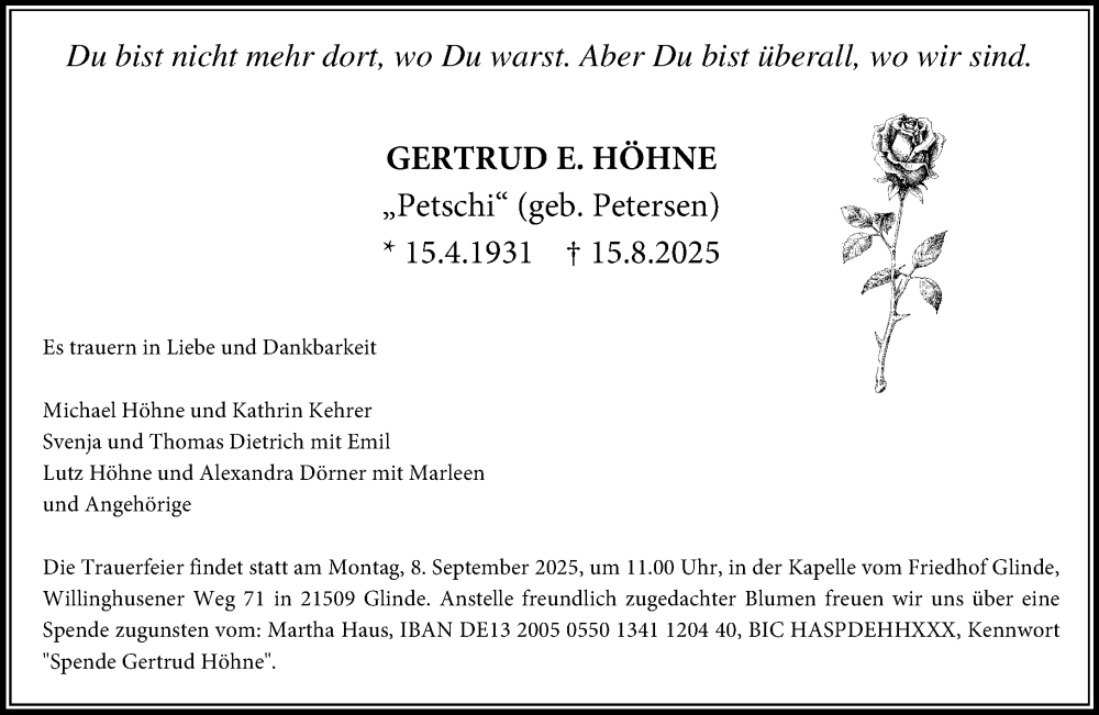  Traueranzeige für Gertrud E. Höhne vom 30.08.2025 aus MARKT Glinde/Reinbek