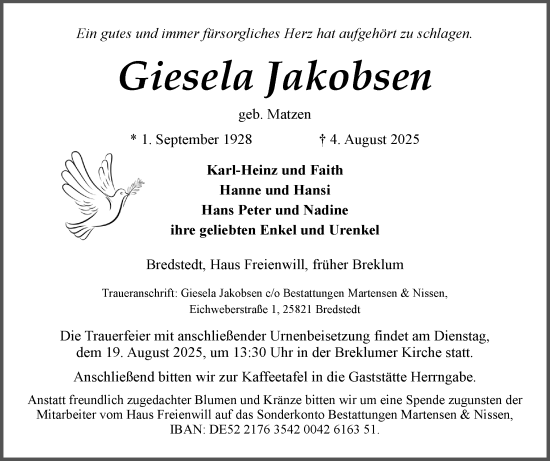 Traueranzeige von Giesela Jakobsen von Husumer Nachrichten, Nordfriesland Tageblatt