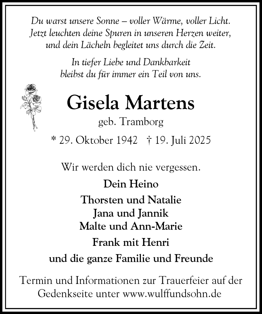  Traueranzeige für Gisela Martens vom 02.08.2025 aus Heimatspiegel
