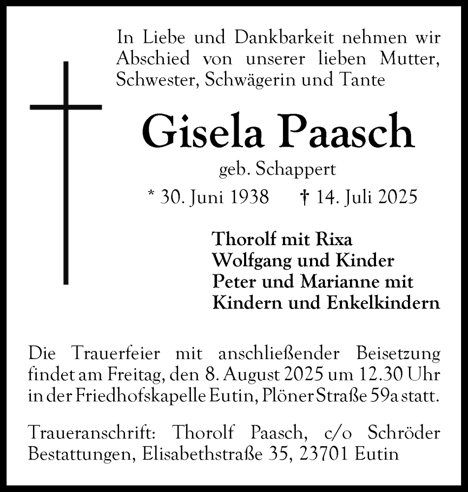  Traueranzeige für Gisela Paasch vom 02.08.2025 aus Ostholsteiner Anzeiger