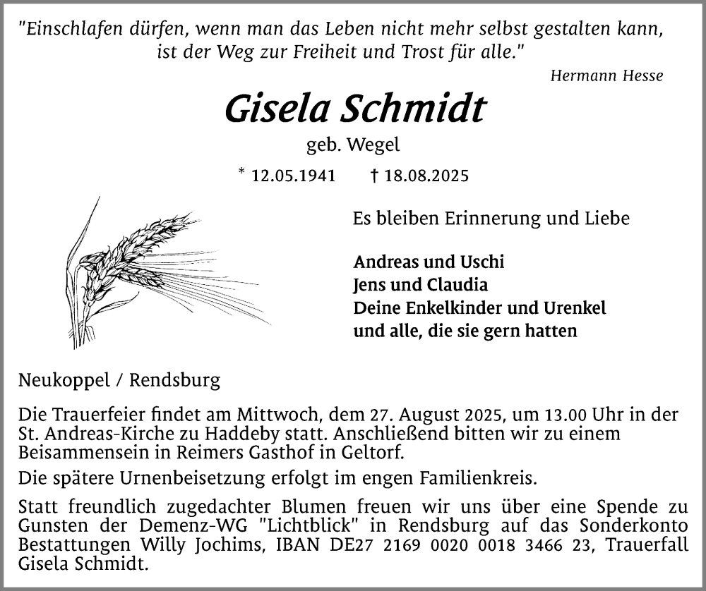  Traueranzeige für Gisela Schmidt vom 23.08.2025 aus Schleswiger Nachrichten, Schlei-Bote