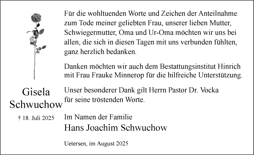  Traueranzeige für Gisela Schwuchow vom 16.08.2025 aus Uetersener Nachrichten, Der tip am Wochenende