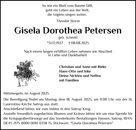 Traueranzeige von Gisela Dorothea Petersen von Flensburger Tageblatt, Schleswiger Nachrichten, Schlei-Bote