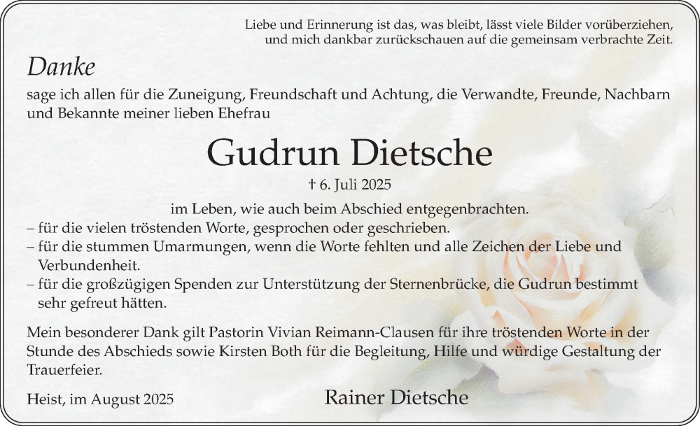 Traueranzeige für Gudrun Dietsche vom 09.08.2025 aus Uetersener Nachrichten, Der tip am Wochenende