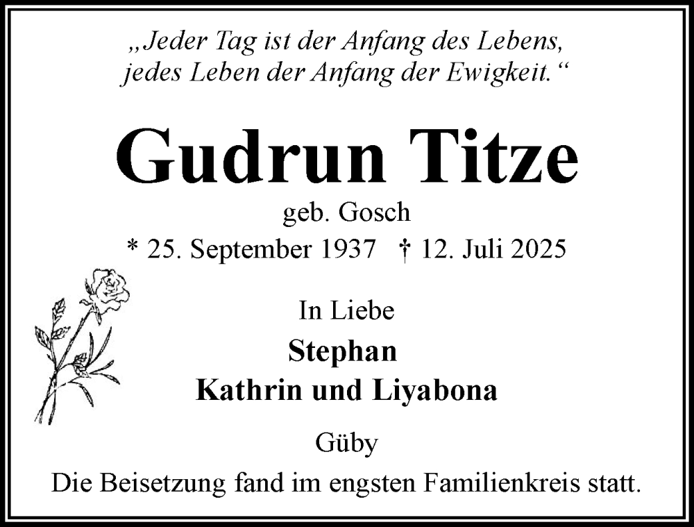  Traueranzeige für Gudrun Titze vom 02.08.2025 aus Eckernförder Zeitung, Hallo Eckernförde