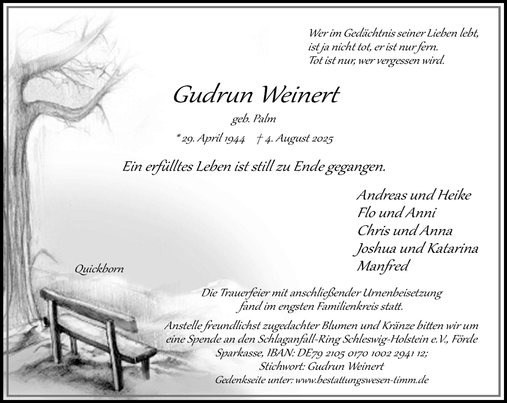  Traueranzeige für Gudrun Weinert vom 30.08.2025 aus Umschau
