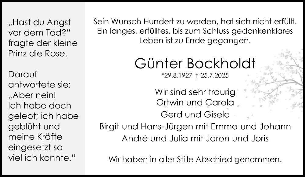  Traueranzeige für Günter Bockholdt vom 30.08.2025 aus MARKT Ratzeburg/Mölln