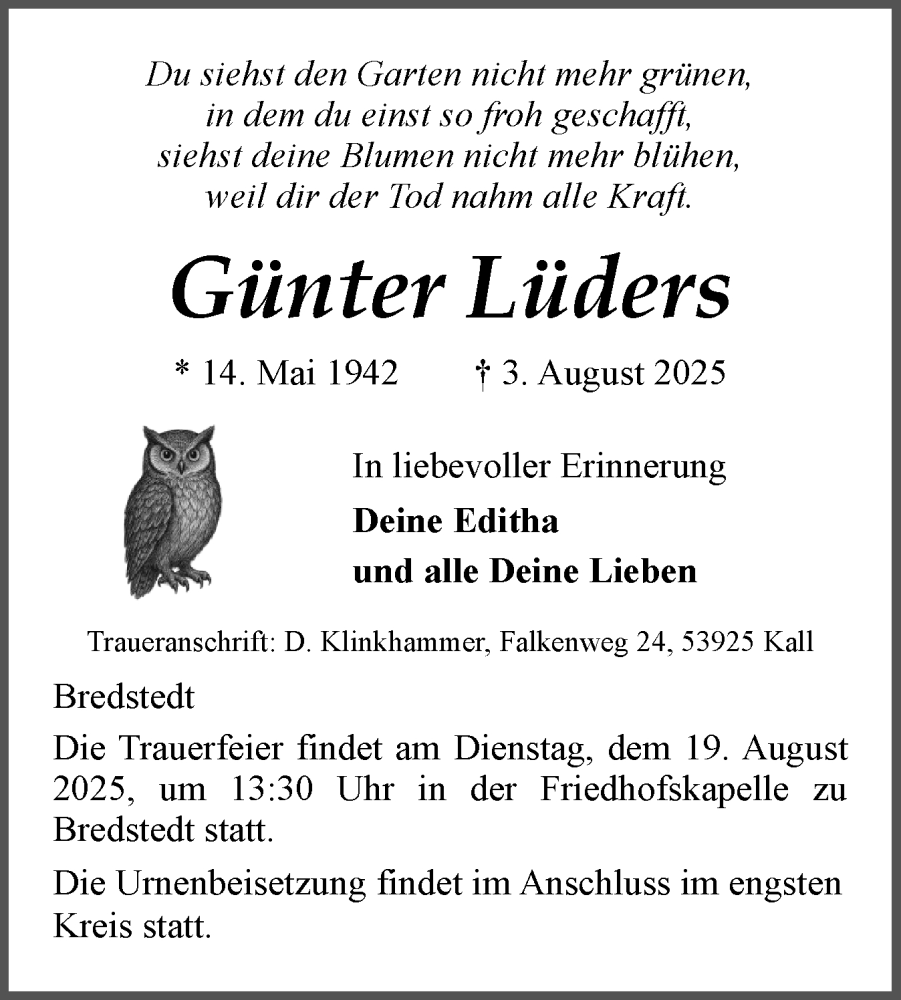  Traueranzeige für Günter Lüders vom 09.08.2025 aus Husumer Nachrichten, Nordfriesland Tageblatt