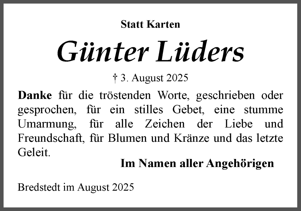  Traueranzeige für Günter Lüders vom 30.08.2025 aus Husumer Nachrichten, Nordfriesland Tageblatt