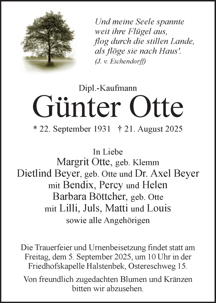  Traueranzeige für Günter Otte vom 30.08.2025 aus Region Pinneberg und tip Pinneberg