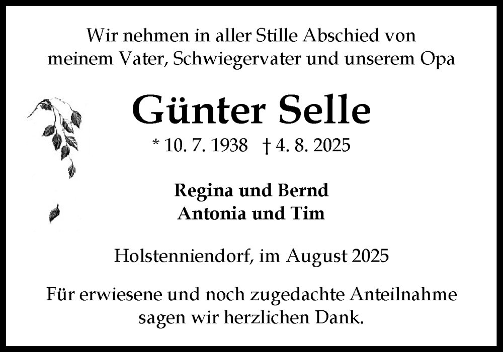  Traueranzeige für Günter Selle vom 09.08.2025 aus Norddeutsche Rundschau, Wilstersche Zeitung, Glückstädter Fortuna