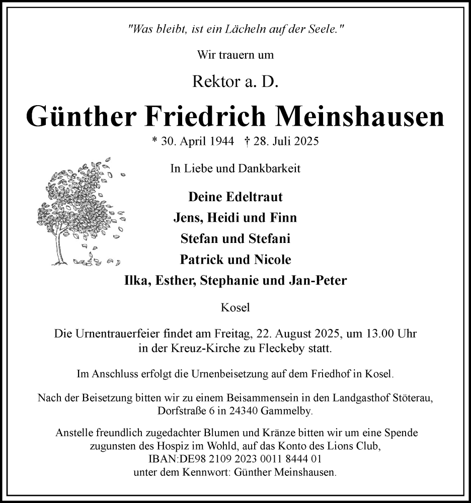  Traueranzeige für Günther Friedrich Meinshausen vom 09.08.2025 aus Eckernförder Zeitung, Hallo Eckernförde