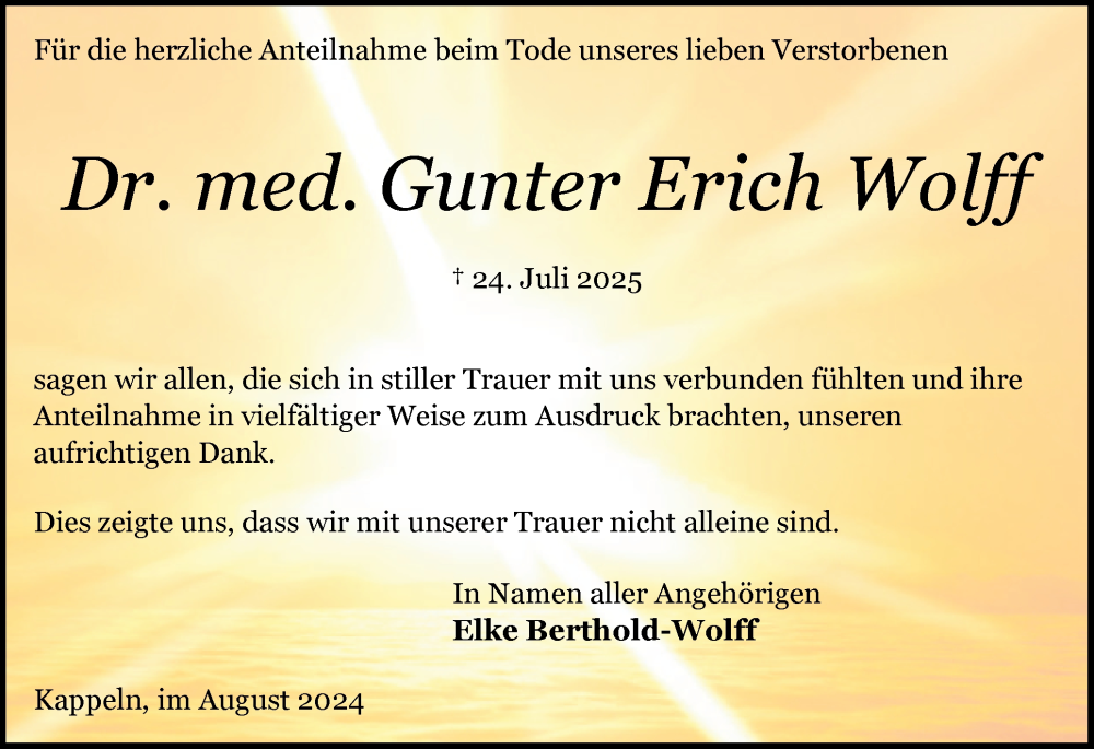  Traueranzeige für Gunter Erich Wolff vom 09.08.2025 aus Schleswiger Nachrichten, Schlei-Bote